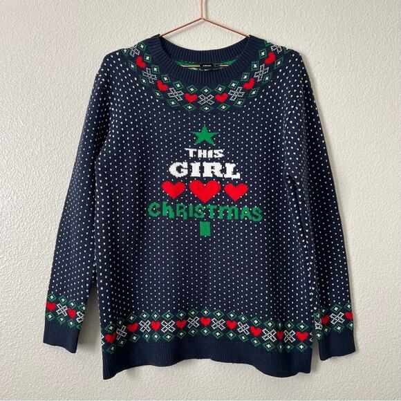 ASOS This Girl Loves Christmas Sweater Navy Blue White Red dot heart - Picture 2 of 5